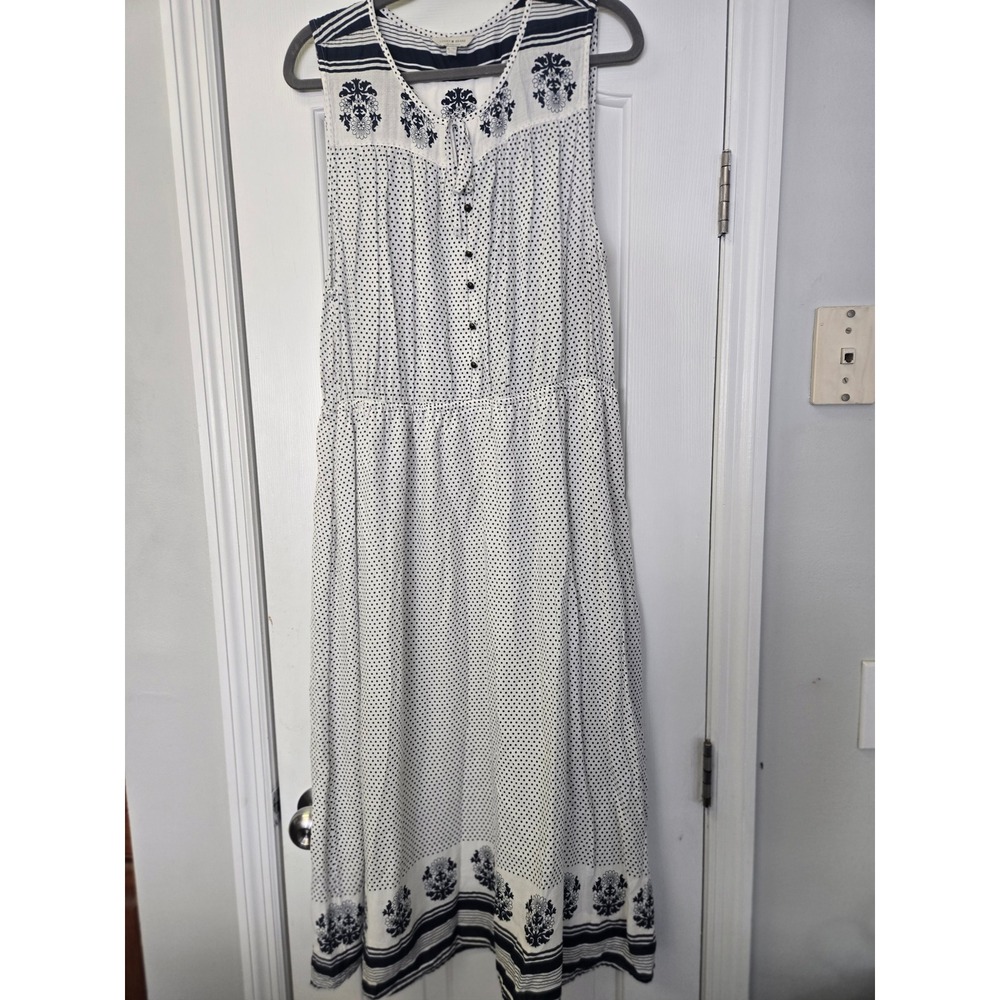 Navy White Polka Dot Embroidered Midi Dress XL Sleeveles Nautical Coastal